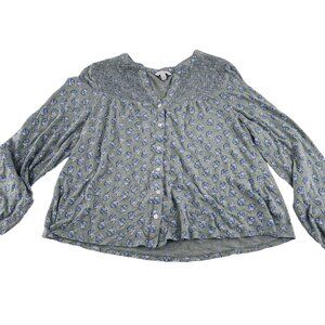 Lucky Brand Boho Floral Button-Up Top Soft Stretch Women's sz Small Blue & Green